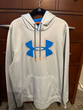 Under Armour Light Gray Hoodie with Blue and Orange Logo